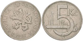 Чехословакия 5 крон 1927 очень редкий год KM 10 медно-никель 00-820-08