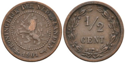 Нидерланды 1/2 цента 1901 Вильгельмина (1890-1948) KM 109 бронза 4576-317