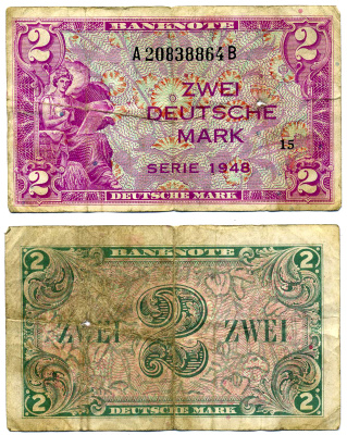 ФРГ 2 МАРКИ 1948 БЛОК 15, СЕРИЯ АВ, ВЫПУСК (20 МАЯ 1948 - 1 АПРЕЛЯ 1957) Pick 3а, Роземберг 234а бумага 7203-38-3-1