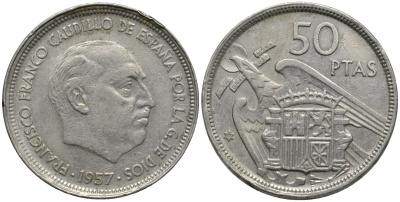Испания 50 песет 1957 (58) Франсиско Франко (1939-1975) KM 788 медно-никель 4111-942