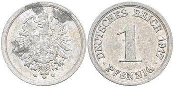 Германия 1 пфенниг 1917 G KM 24, J. 300, Weege 2 алюминий 112-1126