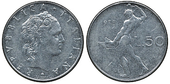 ИТАЛИЯ 50 ЛИР 1978 R, БОГ ОГНЯ ВУЛКАН У НАКОВАЛЬНИ KM 95.1 нержавеющая сталь 72-541