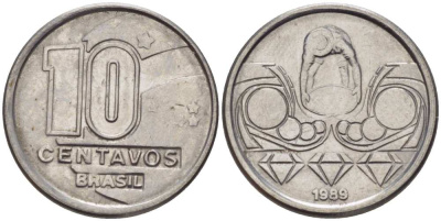 Бразилия 10 сентаво 1989 золотодобыча KM 613 нержавеющая сталь 112-614