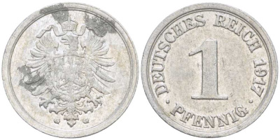 Германия 1 пфенниг 1917 G KM 24, J. 300, Weege 2 алюминий 112-1126