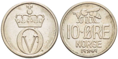 НОРВЕГИЯ 10 ЭРЕ 1969 ПЧЕЛА, ОЛАФ V (1957-1991) KM 411 медно-никель 3309-722