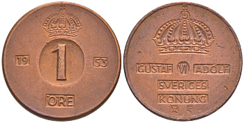 Швеция 1 эре 1953 Густав VI Адольф (1950-1973) KM 820 бронза 187-767