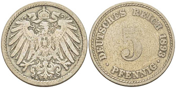 ГЕРМАНИЯ 5 ПФЕННИГОВ 1893 A KM 11, J. 12, Weege 6 медно-никель 206-912