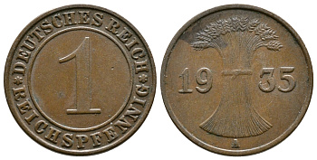 Германия 1 рейхспфенниг 1935 A KM 37, J. 313 бронза 220-112