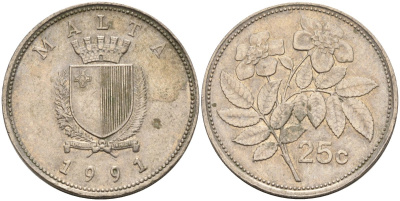 Мальта 25 центов 1991 шиповник вечнозелёный KM 97 медно-никель 219-811