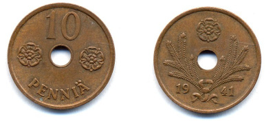 ФИНЛЯНДИЯ 10 ПЕННИ 1941 KM 33.1 медь 51-4913