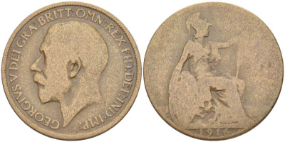 Великобритания 1/2 пенни 1916 Георг V (1910-1936) KM 809, Spink 4056 бронза 117-952