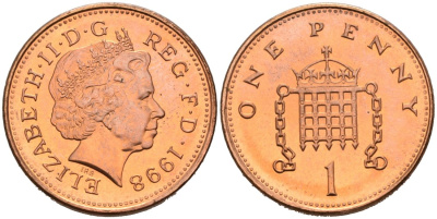 Великобритания 1 пенни 1998 Елизавета II (1952-2022) KM 986, Spink 4710 (B5) сталь плакированная медью UNC 92-641