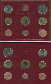 Ватикан евронабор из 8 монет 2004 Папа Иоанн Павел II, в оригинальном буклете KM MS 110 биметалл UNC 7-5-5-03