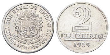 Бразилия 2 крузейро 1959 KM 571 алюминий 4646-656