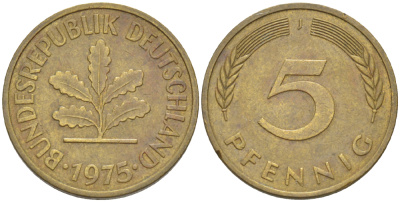 ФРГ 5 ПФЕННИГОВ 1975 J KM 107, J. 382 сталь плакированная латунью 4181-947