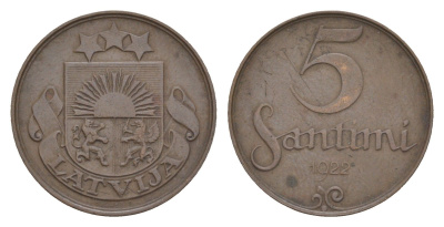Латвия 5 сантимов 1922 KM 3 бронза 4658-1163