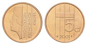 Нидерланды 5 центов 2001 Беатрикс (1980-2013), редкий год KM 202 бронза UNC 4682-1124