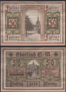 Оберлинд 50 пфеннигов 1919 Grabowski O6.4 бумага UNC (пресс) 8592-20-3-1