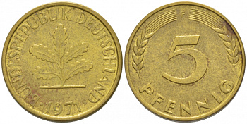 ФРГ 5 ПФЕННИГОВ 1971 F KM 107 J. 382 сталь плакированная латунью 3955-569