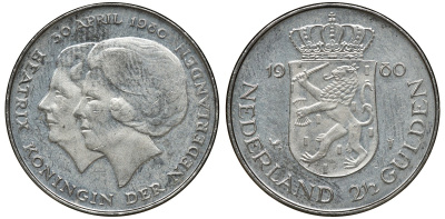Нидерланды 2 1/2 гульдена 1980 коронация Беатрикс, 30 апреля 1980 KM 201 никель 72-1444