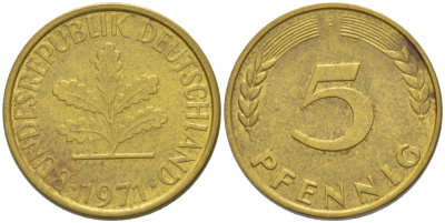 ФРГ 5 ПФЕННИГОВ 1971 F KM 107 J. 382 сталь плакированная латунью 3955-569