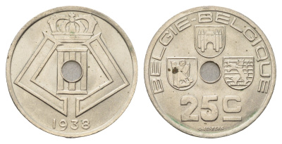 Бельгия 25 сантимов 1938 Belgie - Belgique, Леопольд III (1934-1947) KM 115 никель латунь aUNC 86-715