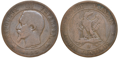 Франция 10 сантимов 1853 D, Наполеон III (1852-1870) KM 771.4, Le Franc 133 бронза 4168-115