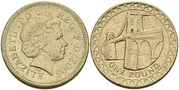 Великобритания 1 фунт 2005 Елизавета II (1952-2022), висячий мост через Менай KM 1051, Spink 4596 никель латунь 81-935