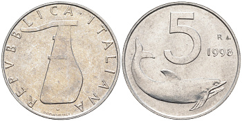 Италия 5 лир 1998 R, дельфин KM 92 алюминий  UNC  4594-756