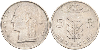 БЕЛЬГИЯ 5 ФРАНКОВ 1969 BELGIE KM 135.1 медно-никель 4556-426