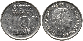 НИДЕРЛАНДЫ 10 ЦЕНТОВ 1979 ЮЛИАНА KM 182 никель 96-1251