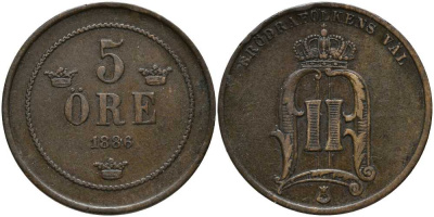 Швеция 5 эре 1886 Оскар II (1872-1907) король Швеции и Норвегии KM 736 бронза 180-722