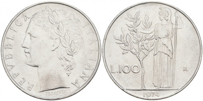 ИТАЛИЯ 100 ЛИР 1974 R, АФИНА KM 96.1 нержавеющая сталь 3855-815