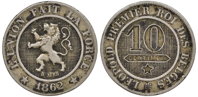 Бельгия 10 сантимов 1862 Belges KM 22 медно-никель 51-2154