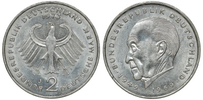 ФРГ 2 марки 1973 J, Конрад Аденауэр KM 124, J. 406 медно-никель плакированный никелем UNC 4681-1052