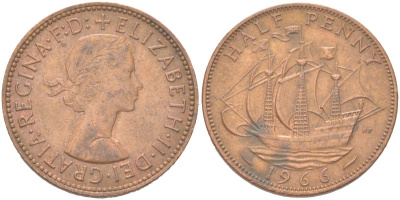Великобритания 1/2 пенни 1966 Елизавета II (1952-2022) KM 896, Spink 4158 бронза 4128-151