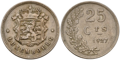 Люксембург 25 сантимов 1927 Шарлотта (1918-1964) KM 37 медно-никель 4122-514