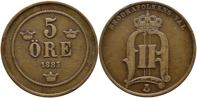 Швеция 5 эре 1883 Оскар II (1872-1907) король Швеции и Норвегии KM 736 бронза 1530-845