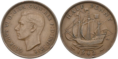 Великобритания 1/2 пенни 1942 Георг VI (1936-1952) KM 844, Spink 4115 бронза 4116-1243