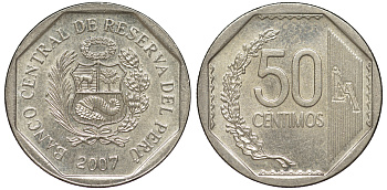Перу 50 сентимо 2007 KM 307.4 медно-никель aUNC 4605-333