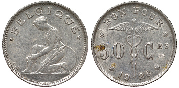 Бельгия 50 сантимов 1928 Belgique KM 87 никель 4164-149