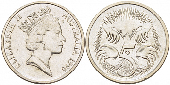 АВСТРАЛИЯ 5 ЦЕНТОВ 1996 ЕЛИЗАВЕТА II, ВТОРОЙ ПОРТРЕТ В КОРОНЕ, ЕХИДНА KM 80 медно-никель 3851-1139