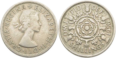 Великобритания 2 шиллинга (флорин) 1956 Елизавета II (1952-2022) KM 906, Spink 4146 медно-никель 109-1214