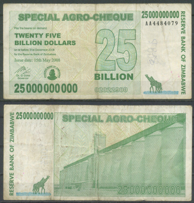 Зимбабве 25000000000 долларов 2008 Pick 62 бумага 7553-29-2-2