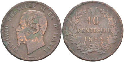 ИТАЛИЯ 10 ЧЕНТЕЗИМО 1863 ВИКТОР ИМАНУИЛ II (1861-1878) KM 11.2 медь 111-1032
