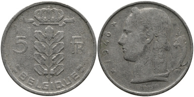 БЕЛЬГИЯ 5 ФРАНКОВ 1948 BELGIQUE KM 134.1 медно-никель 98-623