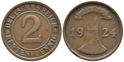 ГЕРМАНИЯ 2 РЕНТЕНПФЕННИГА 1924 E KM 31, J. 307 бронза 24-654