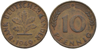 ФРГ 10 ПФЕННИГОВ 1949 D KM 103, J. 378 сталь плакированная латунью 4513-944