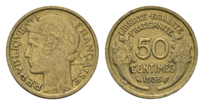 Франция 50 сантимов 1938 KM 894 алюминиевая бронза 4674-618
