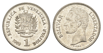 Венесуэла 1 боливар 1989 Симон Боливар, тонкий шрифт Y 52a.1 сталь плакированная никелем 4662-844